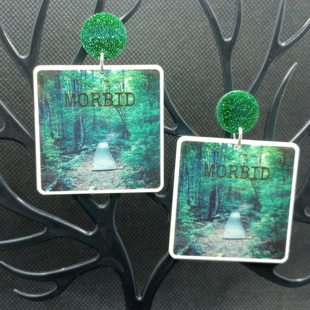 Morbid Green Glitter Podcast Earrings Window Latching Coven True Crime